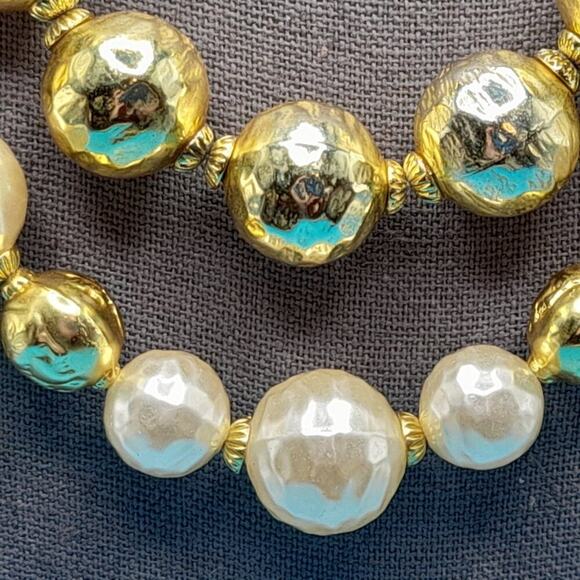Mid-Century Two Strand Large Bead Necklace, Faux Pearls, Gold Globe Beads, 18 In - Picture 5 of 11